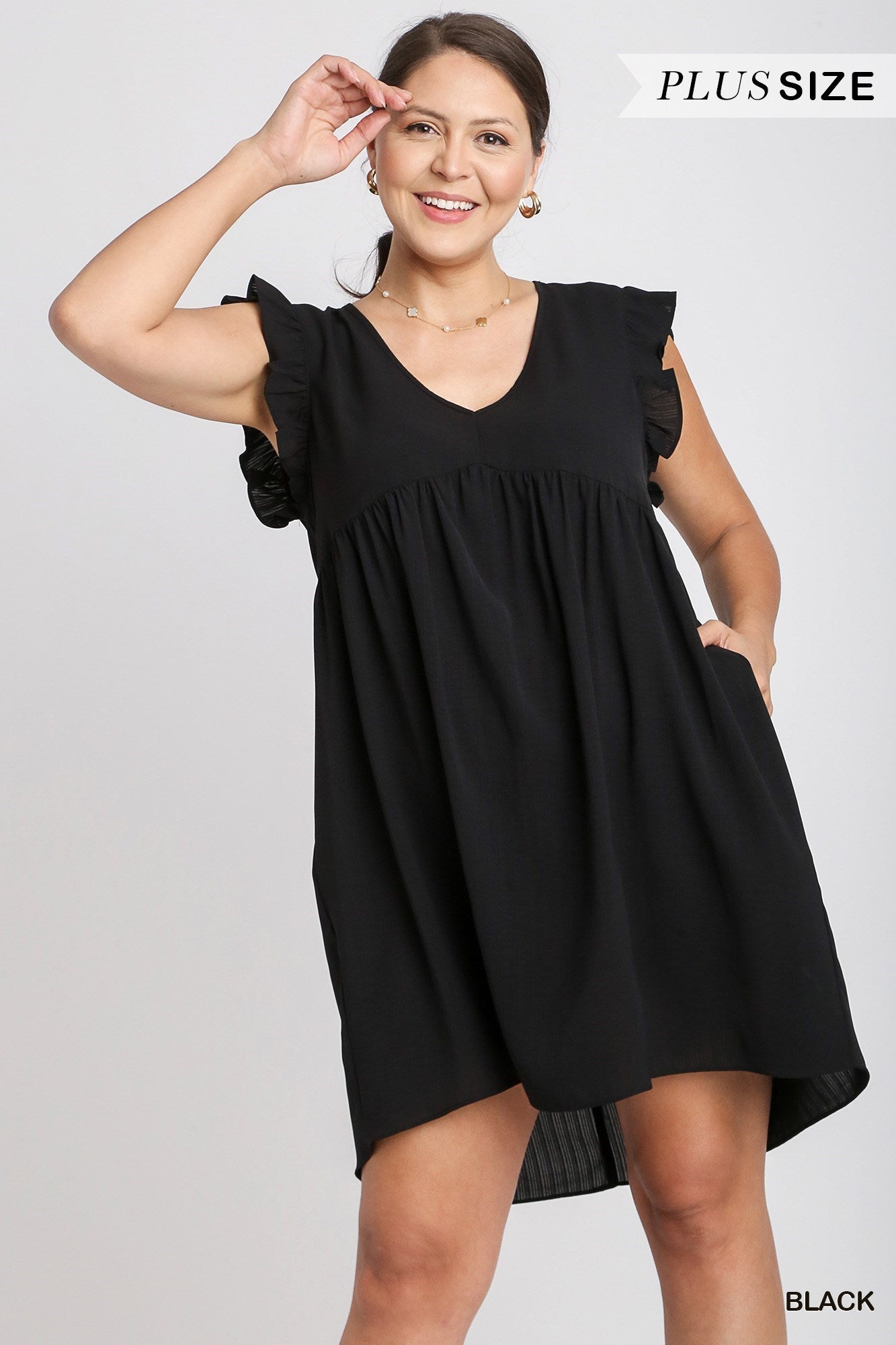 V-Neck Ruffle Sleeves Dress with Pockets Black - Posh West Boutique
