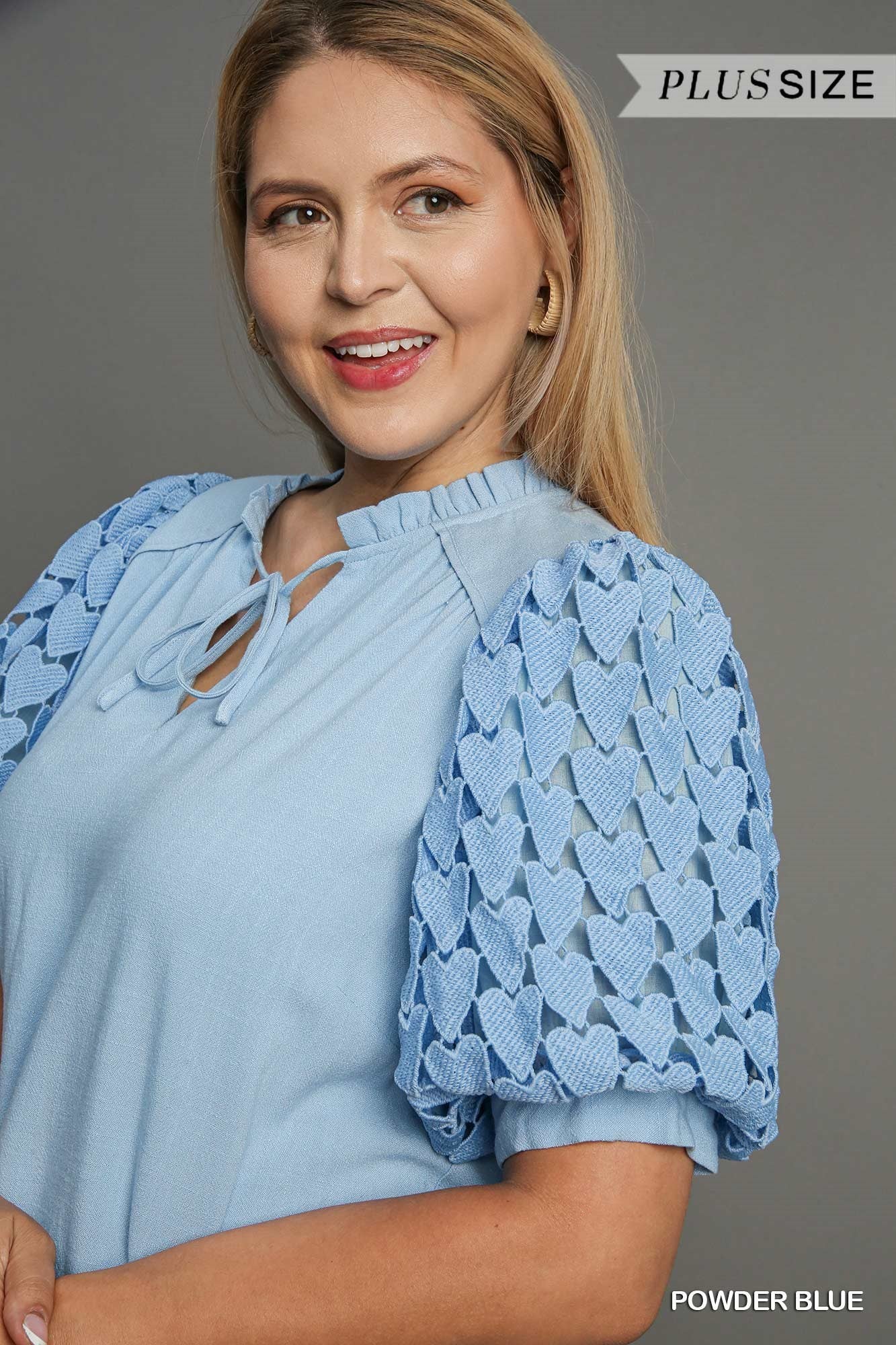 Powder Blue Linen Heart Detail Top - Posh West Boutique