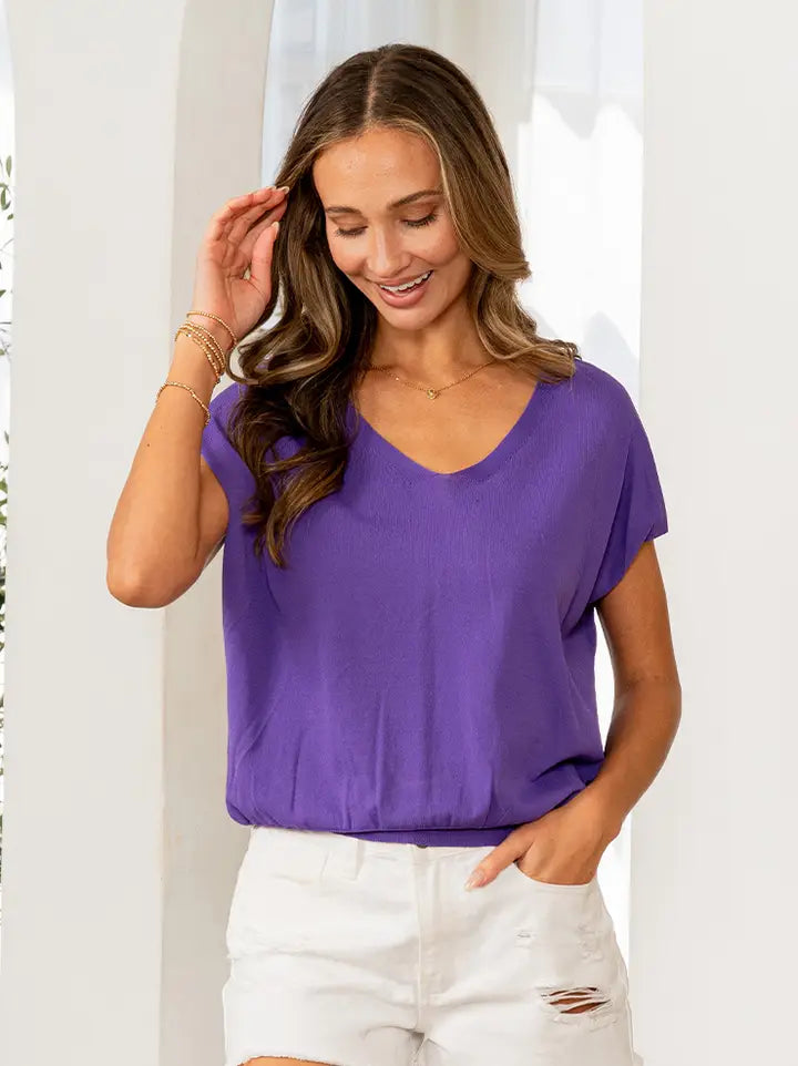 Purple Short Sleeves V Neck Top