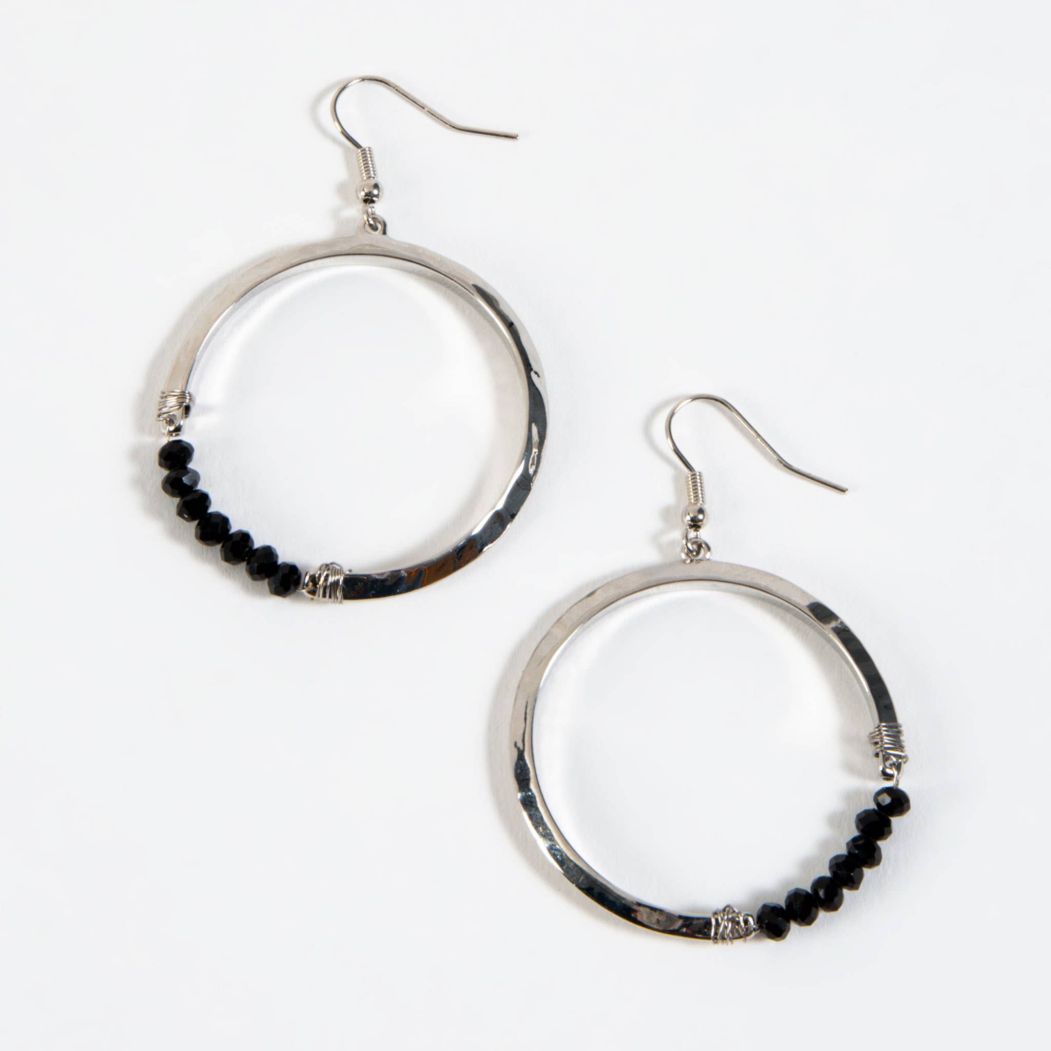 Black Glass Beaded Silver Hoop Earring