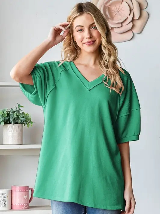 Kelly Green Short Sleeve V Neck Solid Top - Posh West Boutique