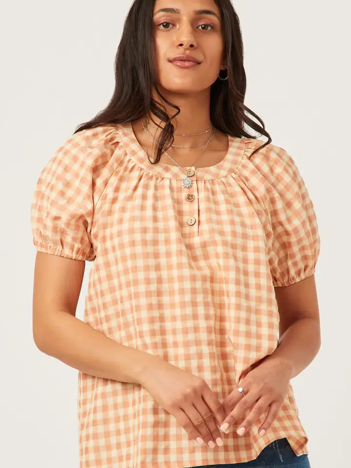 Peach Gingham Button Detail Puff Sleeve Scoop Neck Top - Posh West Boutique