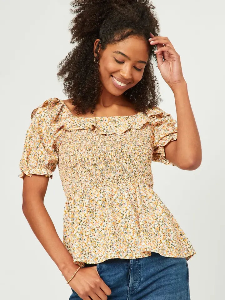 Yellow Floral Ruffled Bib Smocked Cinch Sleeve Top - Posh West Boutique