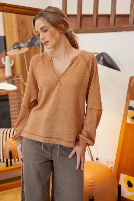 Caramel Split Neck Raglan Knit Top - Posh West Boutique