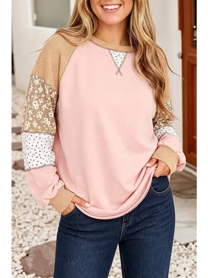 Color Block Floral Waffle Mixed Patchwork Top