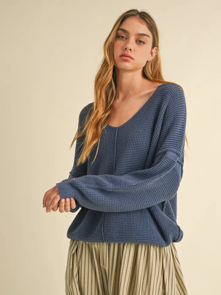 Azurite V-Neck Loose Fit Oversized Textured Sweater - Posh West Boutique