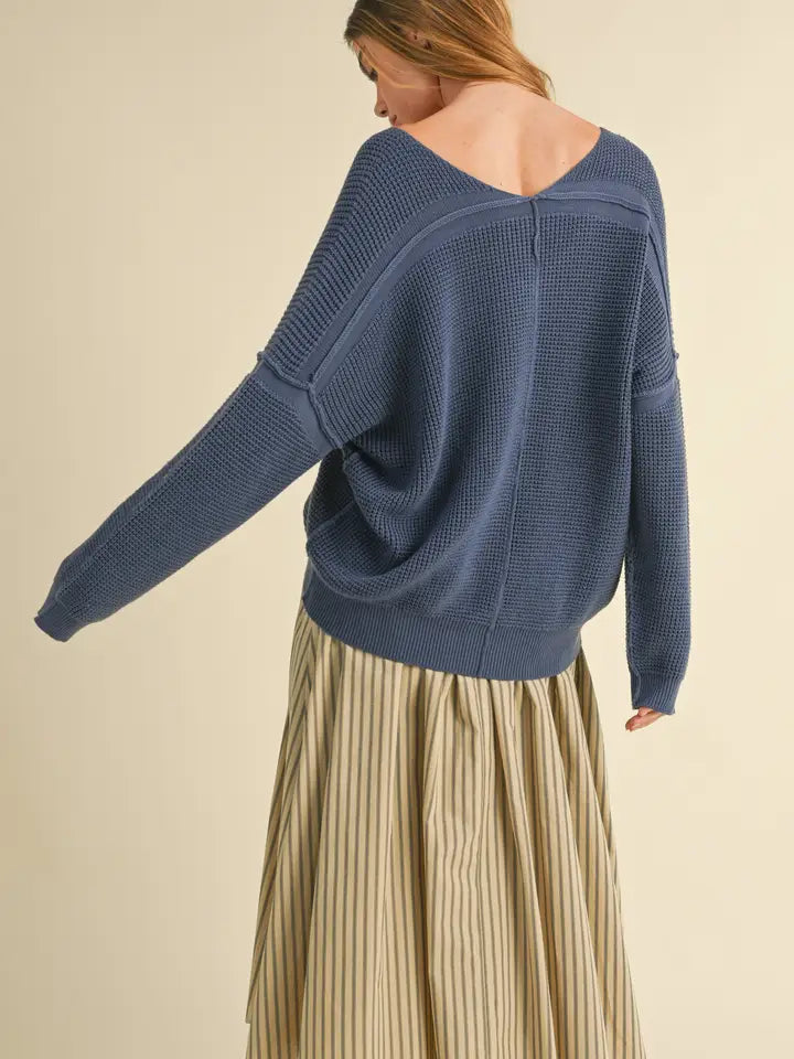 Azurite V-Neck Loose Fit Oversized Textured Sweater - Posh West Boutique