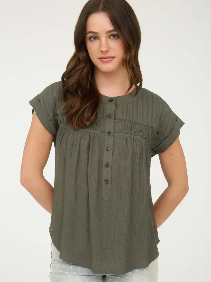 Olive Eyelet Trim Half Button Short Sleeve Top - Posh West Boutique