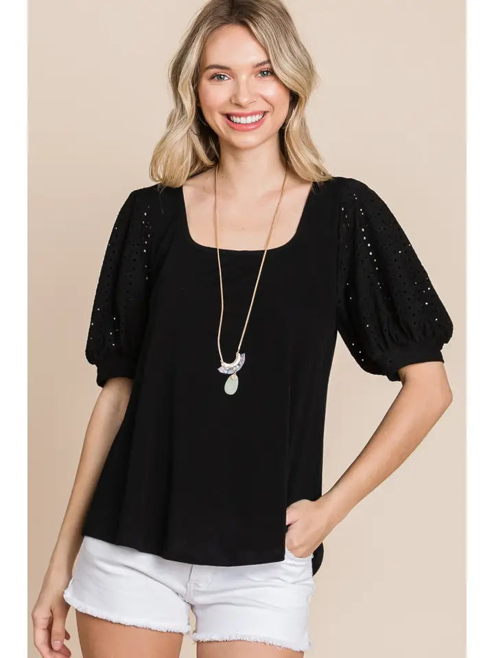 Black Eyelet Bubble Sleeves Solid Knit Top - Posh West Boutique