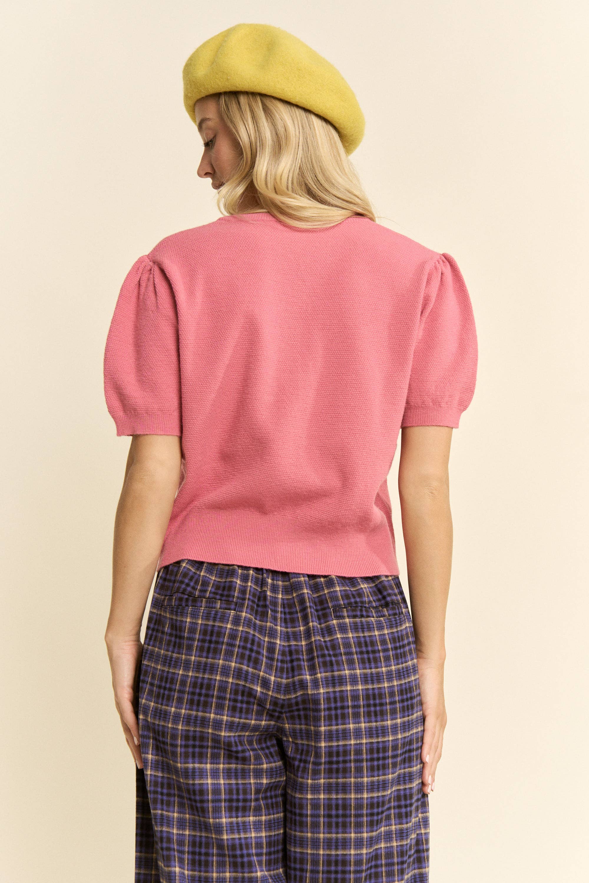Sweet Pink Puff Sleeve Knit Cardigan