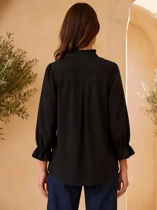 Black Ruffle 3/4 Sleeve Button Down Front Blouse