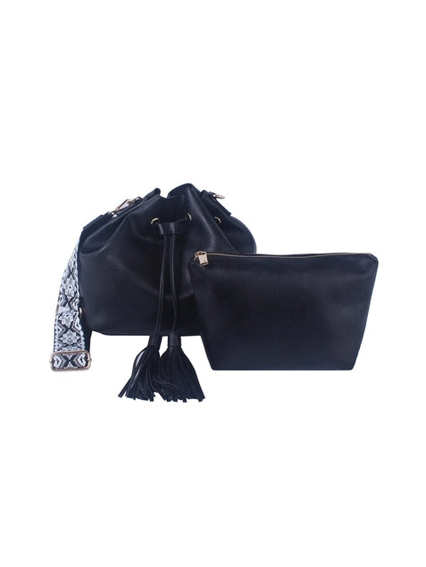 Black Kayla Tassel Bucket Bag With Guitar Strap - Posh West Boutique