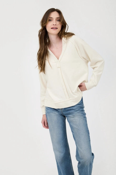 Cream Hooded V Neck Long Sleeve Knit Top - Posh West Boutique