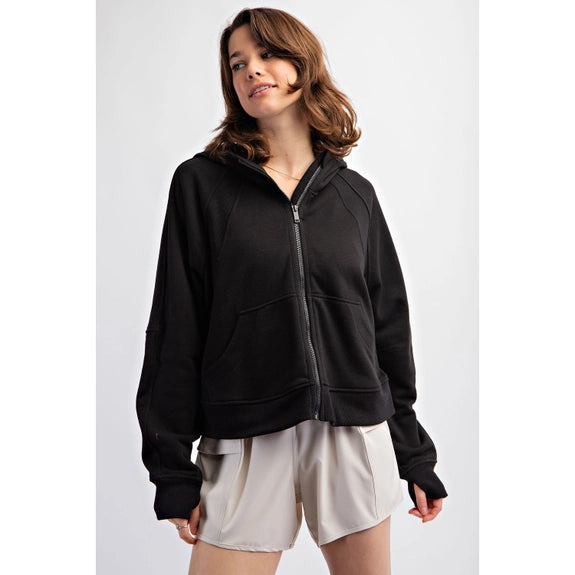 Black French Terry Long Sleeve Full Zip Hoodie Top - Posh West Boutique