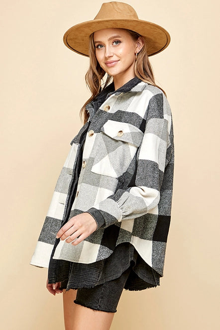 Black/Ivory Plaid Button Down Lined Shacket - Posh West Boutique