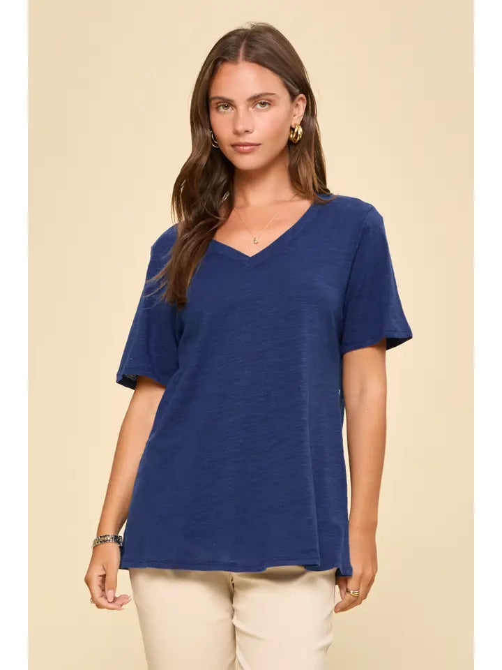 Navy Cotton V-Neck Knit Top - Posh West Boutique