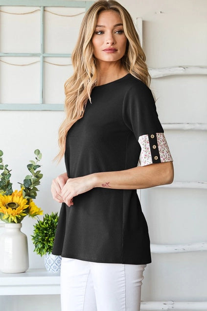 Black Ribbed Shirt with Floral Short Sleeves - Posh West Boutique