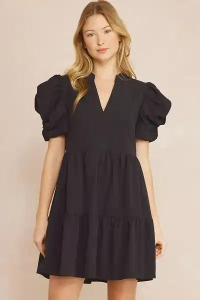 Solid Black V Neck Puff Sleeve Dress - Posh West Boutique