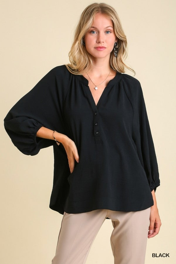 Black Puff Sleeve High Low Blouse - Posh West Boutique