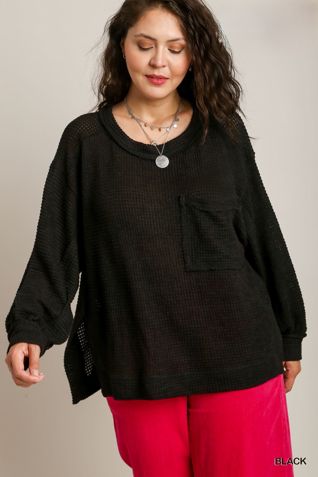 Black Chunky Waffle Knit Long Sleeve Top - Posh West Boutique