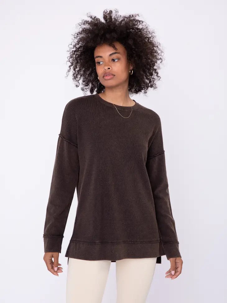 Brown Waffle Knit Pullover W/ Side Slits - Posh West Boutique