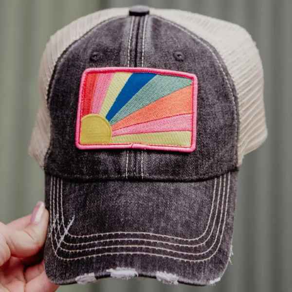 Rainbow Sunshine Denim Trucker Patch Hat - Posh West Boutique