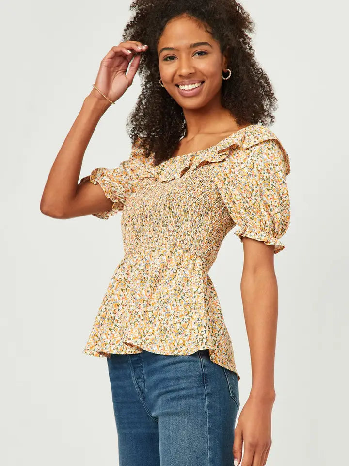 Yellow Floral Ruffled Bib Smocked Cinch Sleeve Top - Posh West Boutique