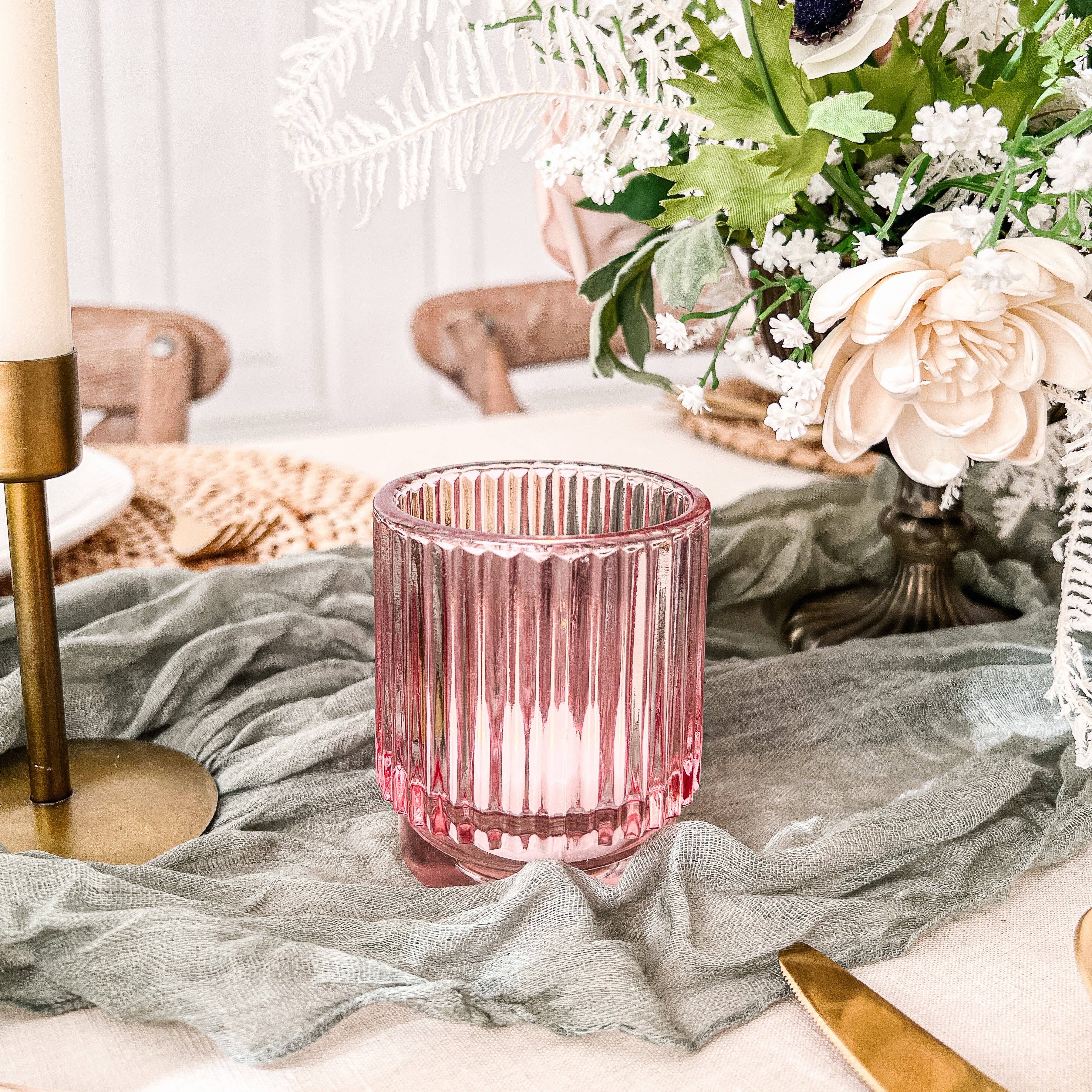 Ribbed Pink Glass Votive Candle Holder