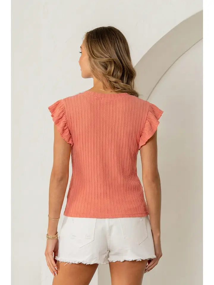 Coral Ribbed Ruffle Sleeve Knit Top - Posh West Boutique