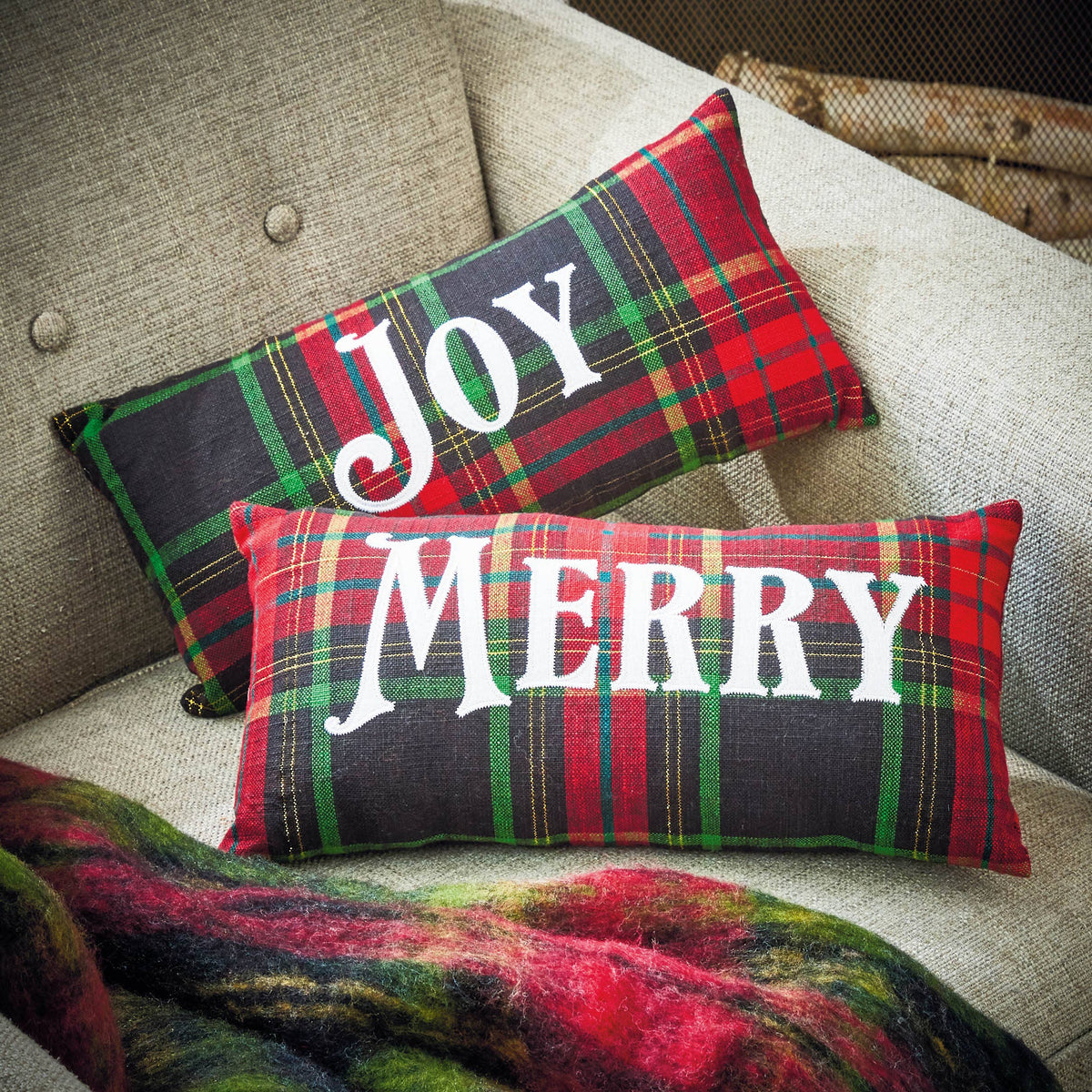 Joy Christmas Red Plaid Pillow - Posh West Boutique