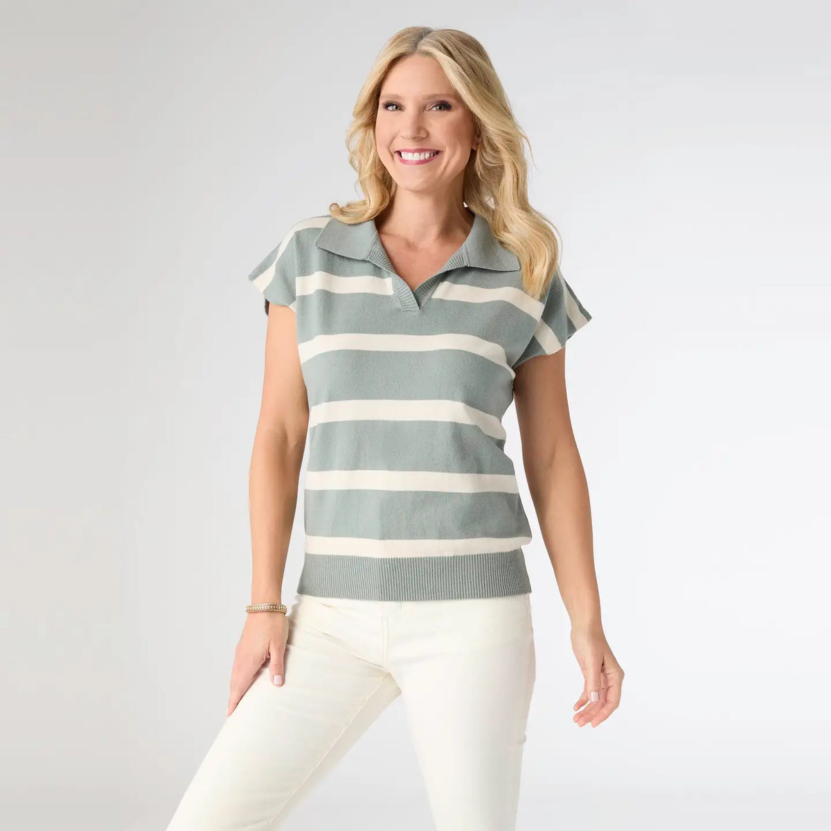 Sage Lightweight Heavenly-Luxe Short Sleeve Striped V-Neck