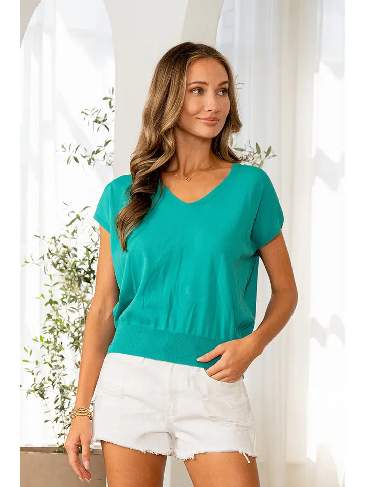 Emerald Green Short Sleeves V Neck Top - Posh West Boutique