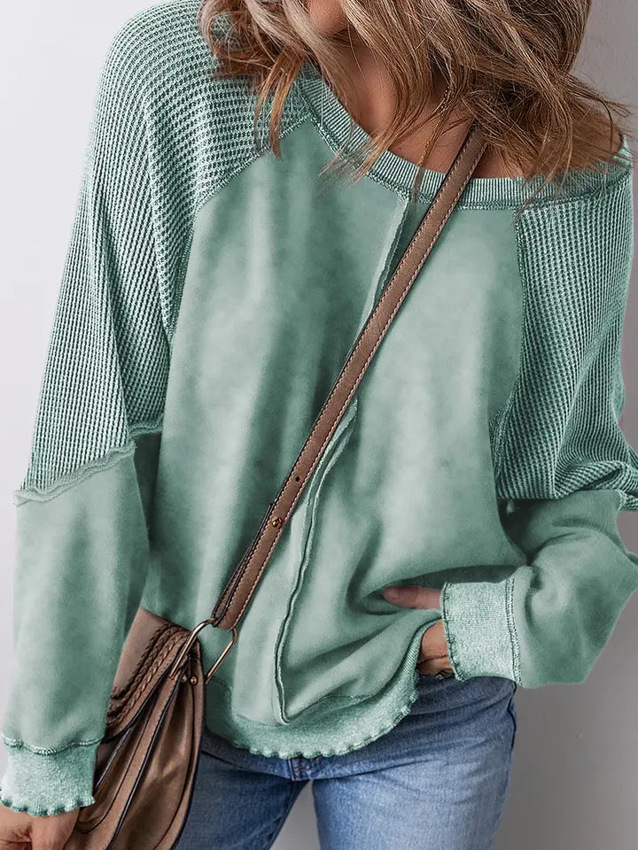 Mineral Blue Solid Waffle Knit Patchwork Raglan Sleeve - Posh West Boutique