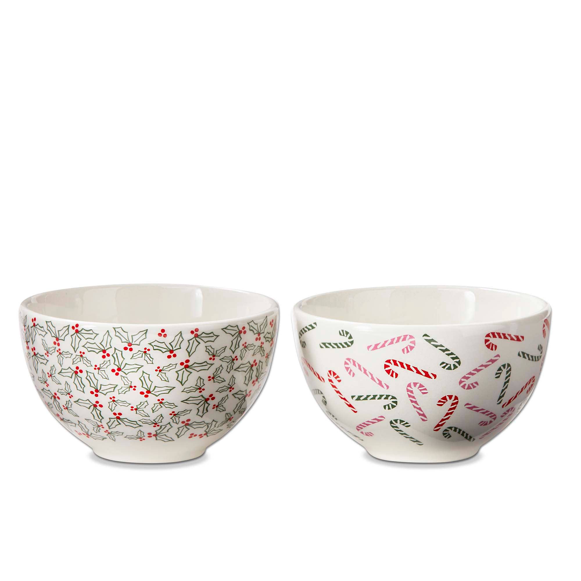 Candy Cane and Holly Print Ivory Ceramic Serving Bowls - Posh West Boutique