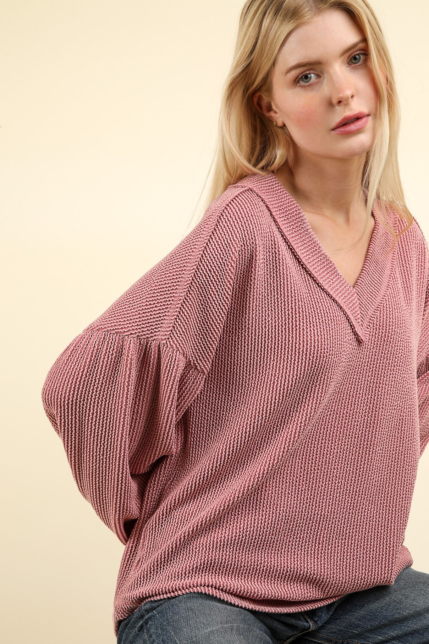 Pink Otto Ribbed V-Neck Knit Top