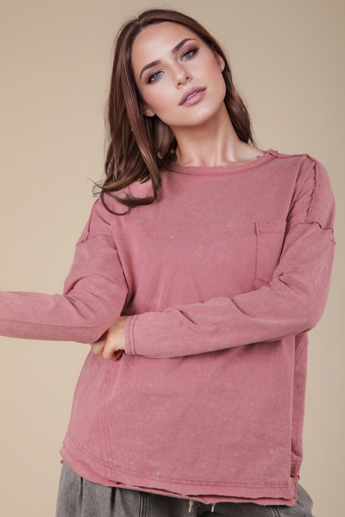 Mauve Mineral Washed Casual Knit Top - Posh West Boutique