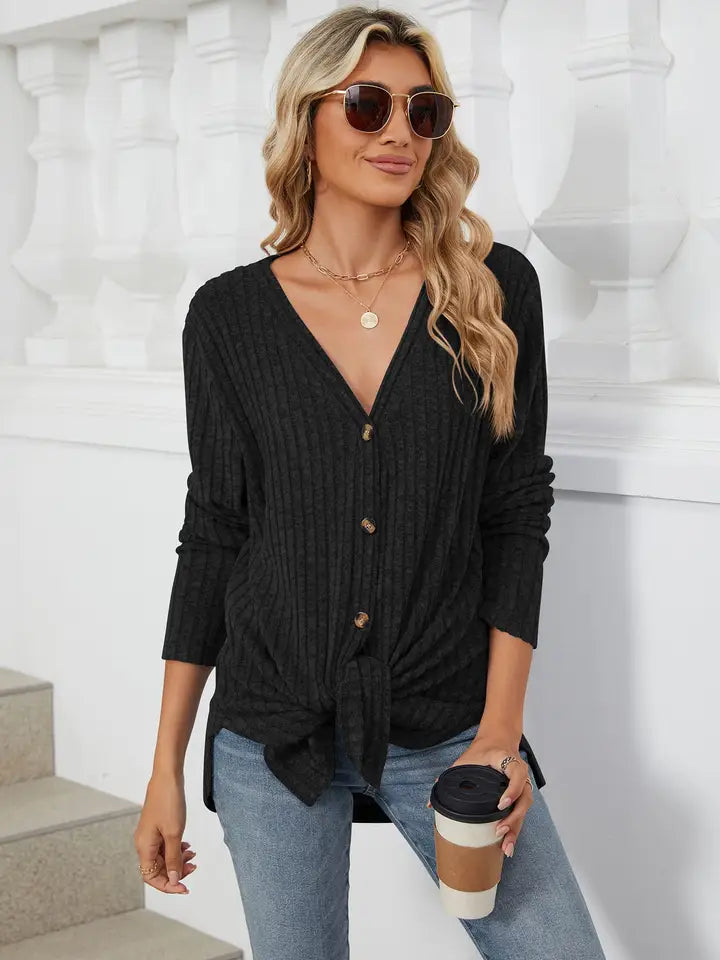 Black Long Sleeve Button Cardigan Knitted - Posh West Boutique