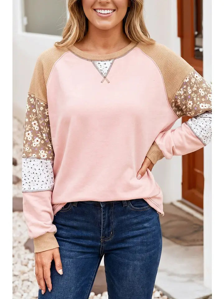 Color Block Floral Waffle Mixed Patchwork Top