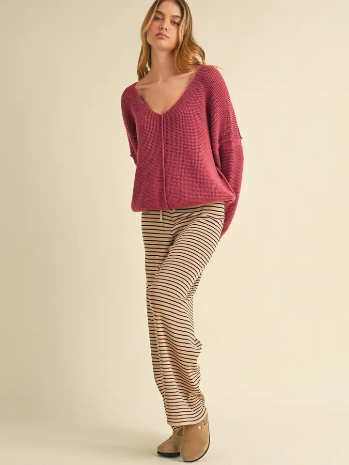 Raspberry V-Neck Oversized Textured Sweater