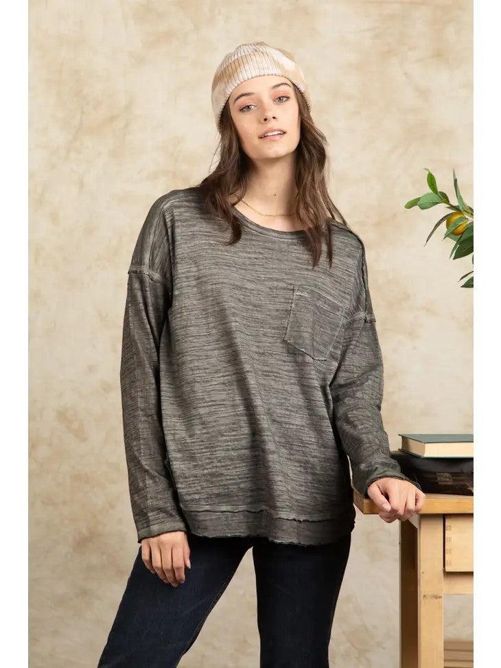Charcoal Raw Edge Mineral Wash Top - Posh West Boutique