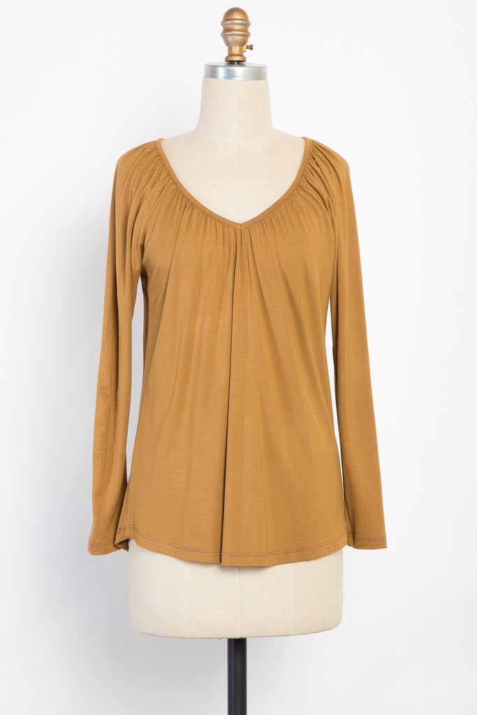 Clay Brown Long Sleeve Ruche V-neck top - Posh West Boutique