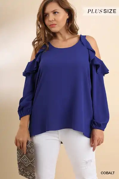 Ruffled Open Shoulder Top in Cobalt Blue - Posh West Boutique