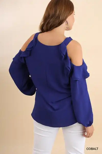 Ruffled Open Shoulder Top in Cobalt Blue - Posh West Boutique