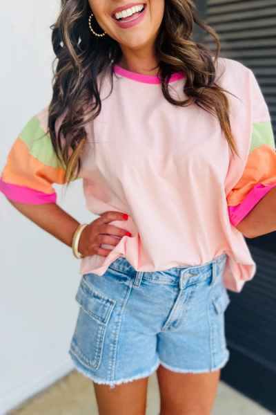 Pink Color Block Sleeve Oversize Top - Posh West Boutique