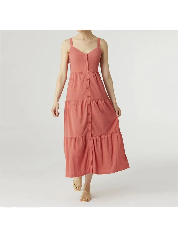 Coral Gauze Tiered Button Dress - Posh West Boutique