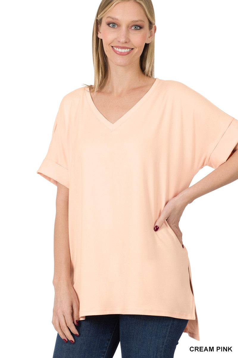 Cream Pink Rolled Short Sleeve V-Neck Top - Posh West Boutique