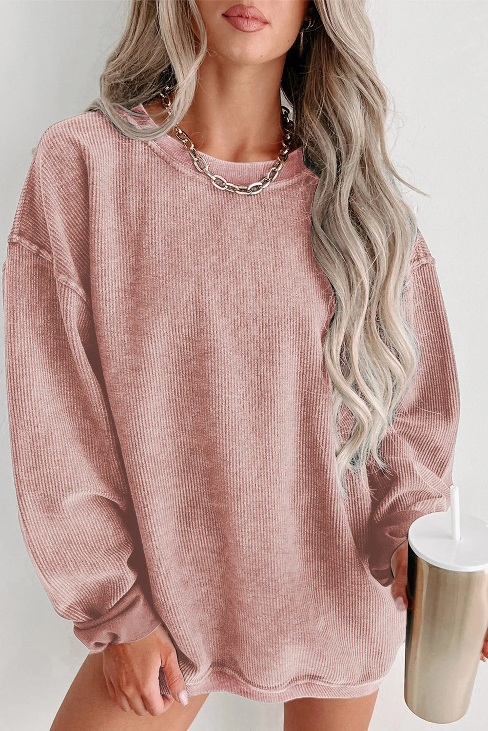 Pink Solid Ribbed Pullover