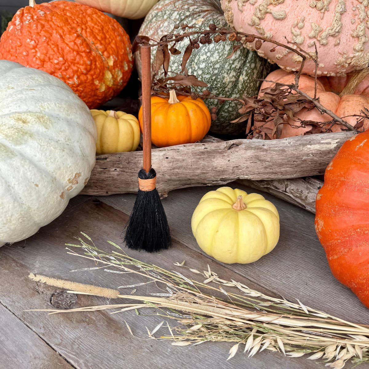 9" Orange Wash Wood Halloween Broom