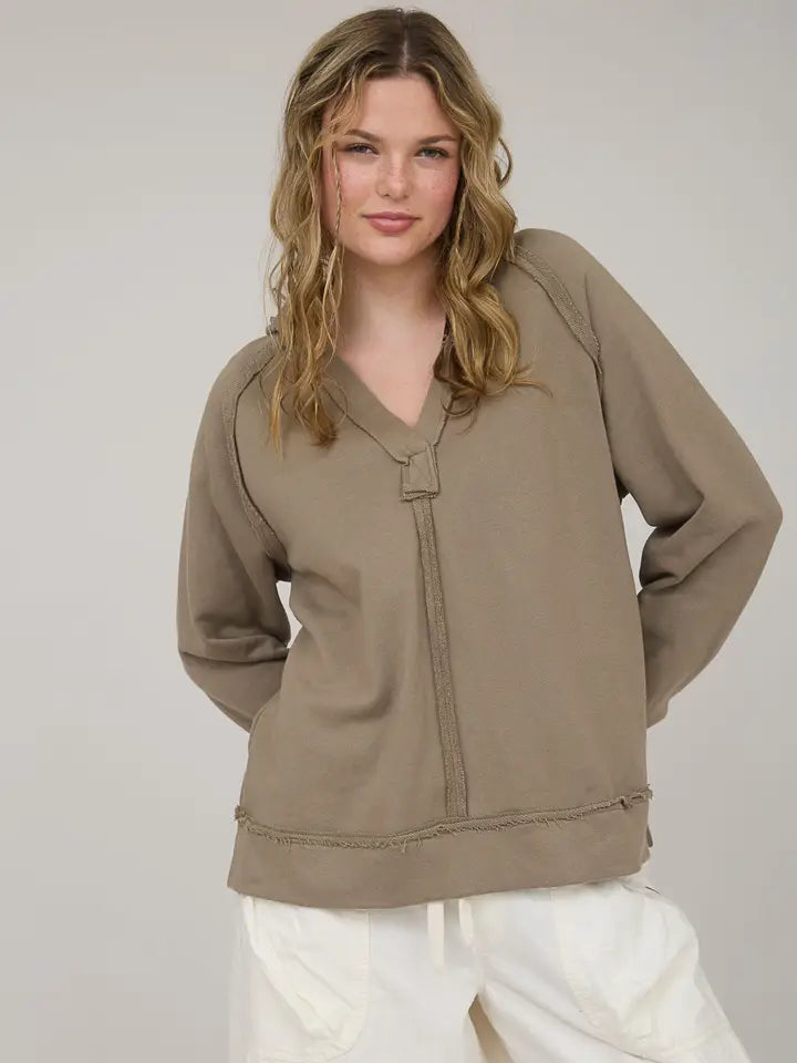 Mocha Hooded V Neck Raw Edge Long Sleeve Knit Top - Posh West Boutique
