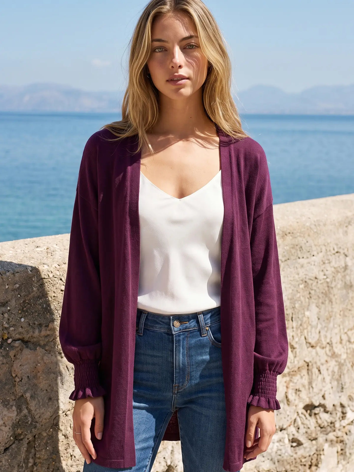 Cabernet Open Front Smocked Sleeve Cardigan